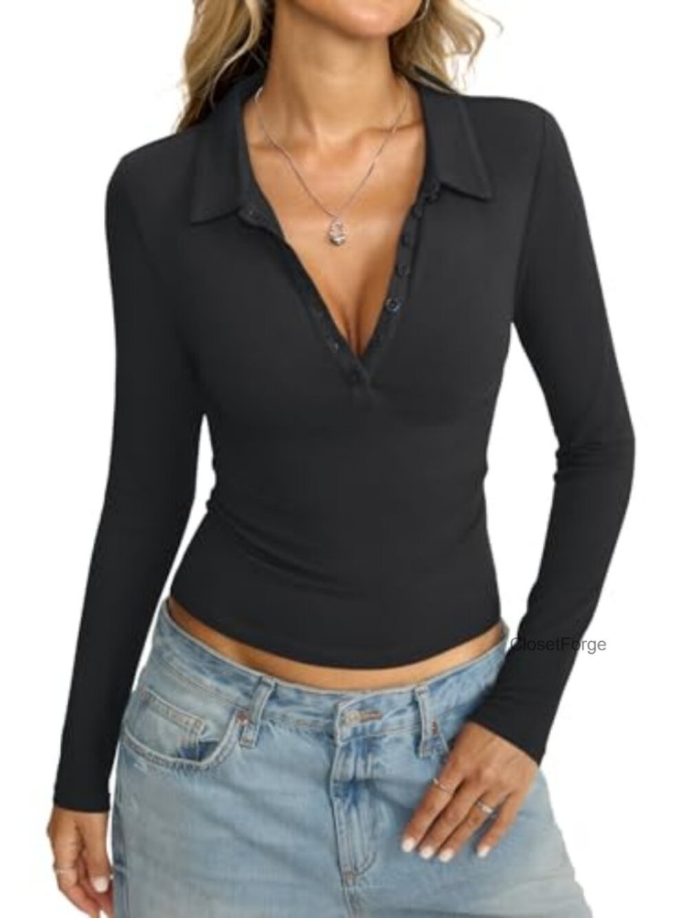 Women's Cotton Long Sleeve Polo Shirt V-Neck Work Top